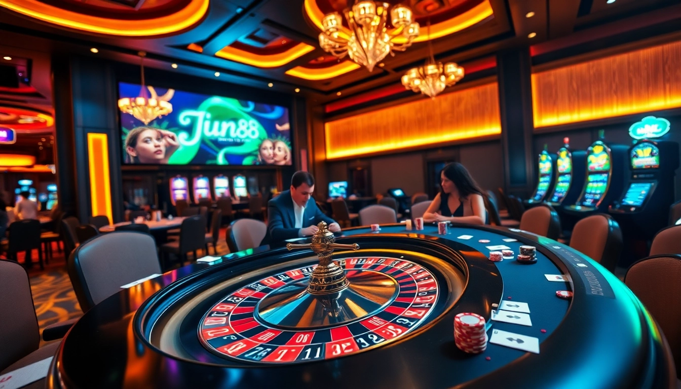 Players enjoying an exciting game at Jun88 casino, with chips and cards prominently featured.