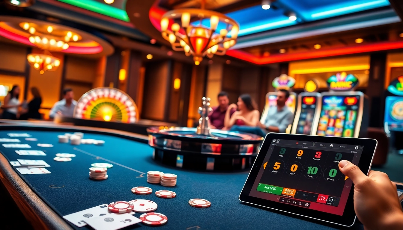 A vibrant casino scene showcasing players engaged in thrilling gambling activities at Luck8 com with colorful slot machines and roulette.