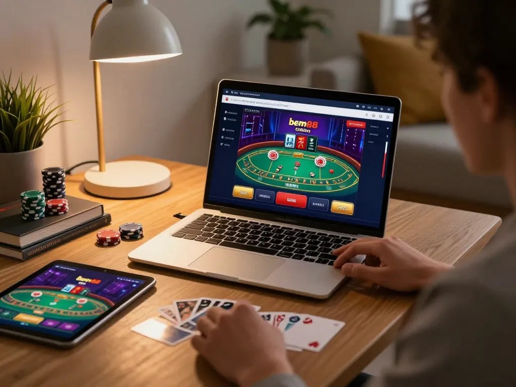 Engaging gaming scene with bem88 online casino interface and strategic poker setup at home.