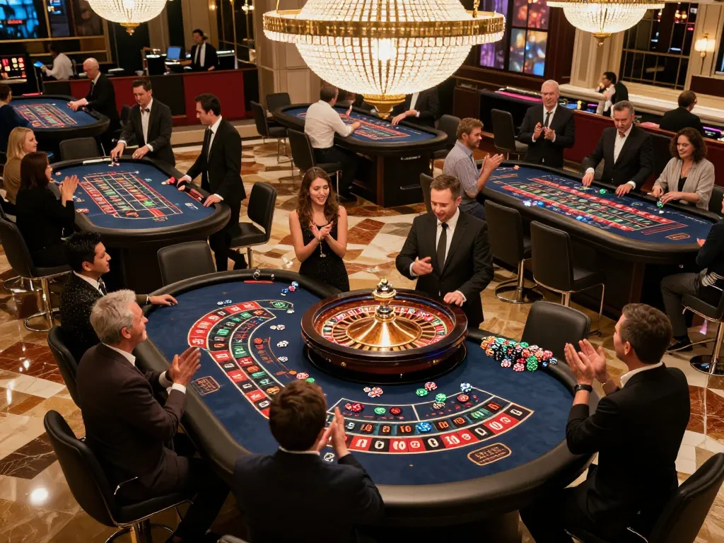 Players engaging in gameplay at the vibrant tr88 casino floor, dynamic roulette scene with chips and croupiers