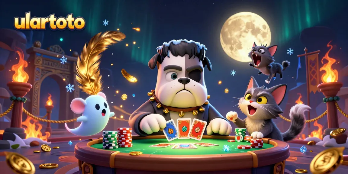Engage in gaming at ulartoto with an exciting scene of a bulldog dealer and spooky elements.