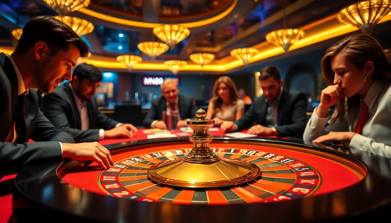 Experience high-stakes excitement at MN88's luxurious roulette table in a vibrant casino setting.