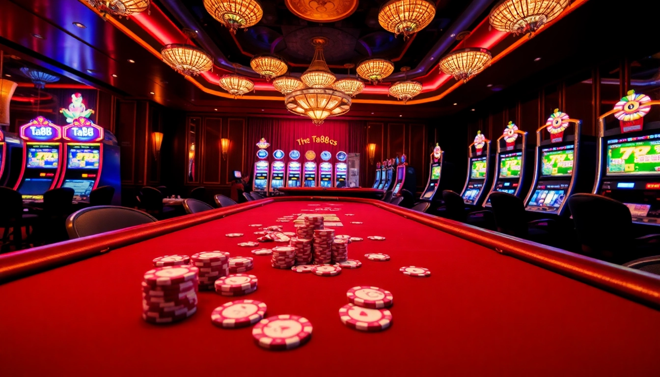 Experience luxury gaming at ta88 with poker chips, cards, and vibrant slot machines.