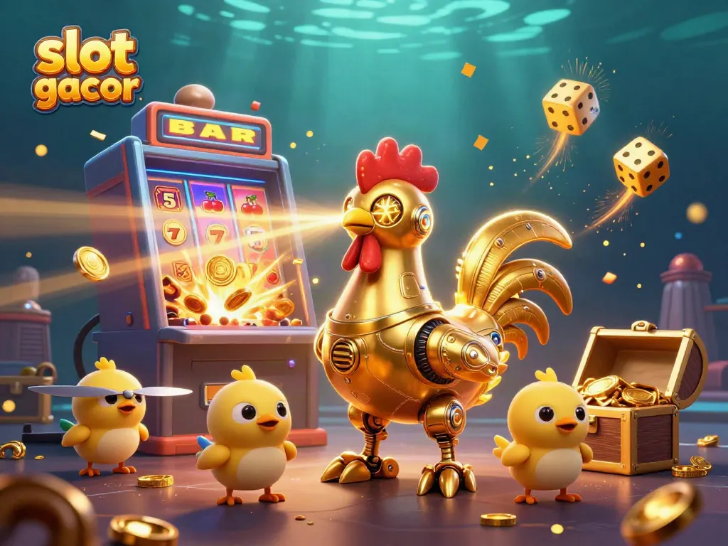 Engage with slot gacor through a lively scene of a golden rooster robot amidst a jackpot slot explosion.