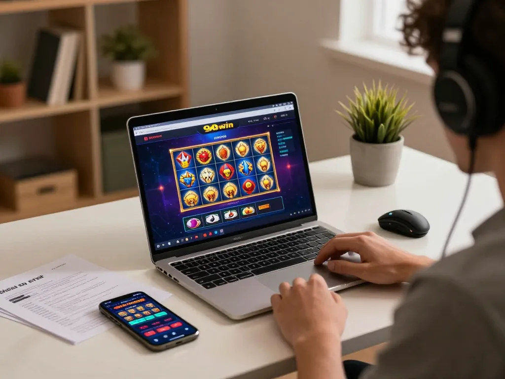 Engaged player enjoying 98win online casino gameplay on a cozy laptop setup, showcasing vibrant games.