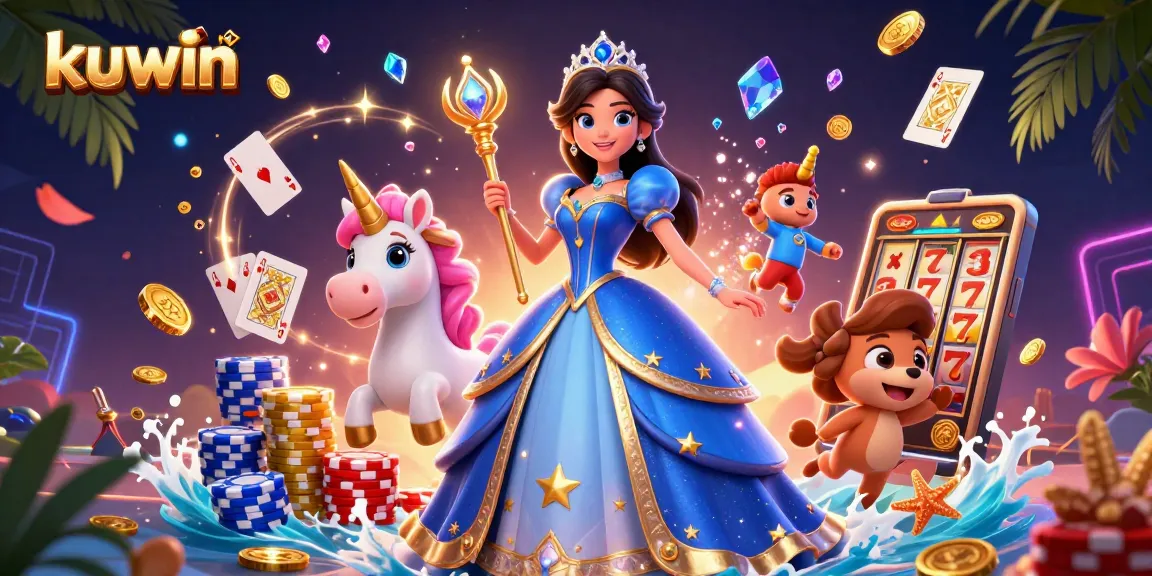 Kuwin casino scene with a beautiful woman in a blue gown and unicorn surrounded by coins and cards.