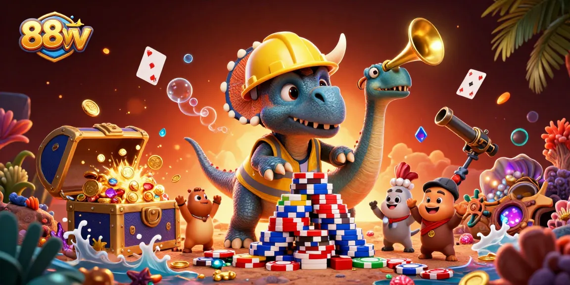 Engage in excitement at 88vv with a 3D triceratops building poker chips amidst a vibrant casino scene.