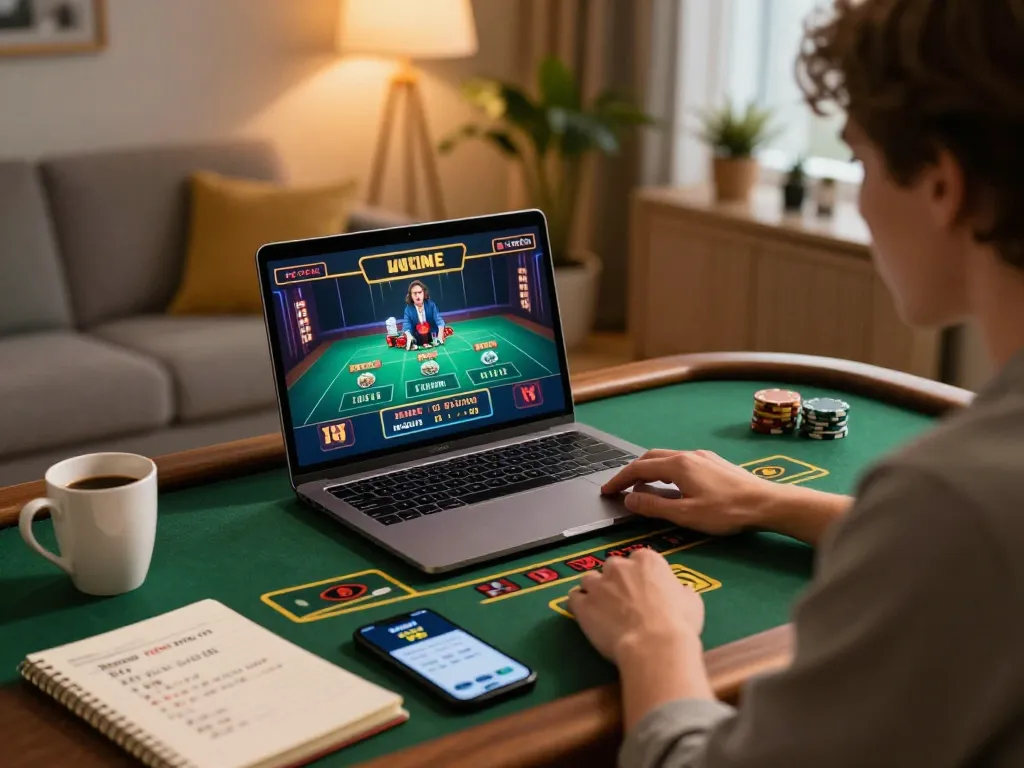 Player using uu88 app on laptop for online casino gaming with strategic notes.