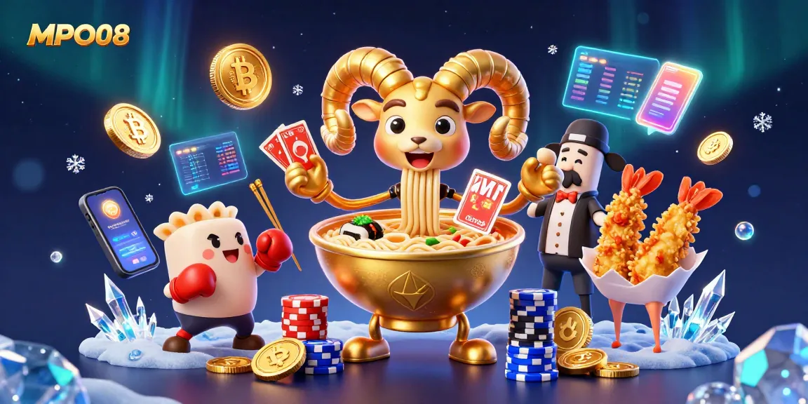 Experience the excitement of MPO08 with vibrant characters and casino-themed elements in a colorful scene.