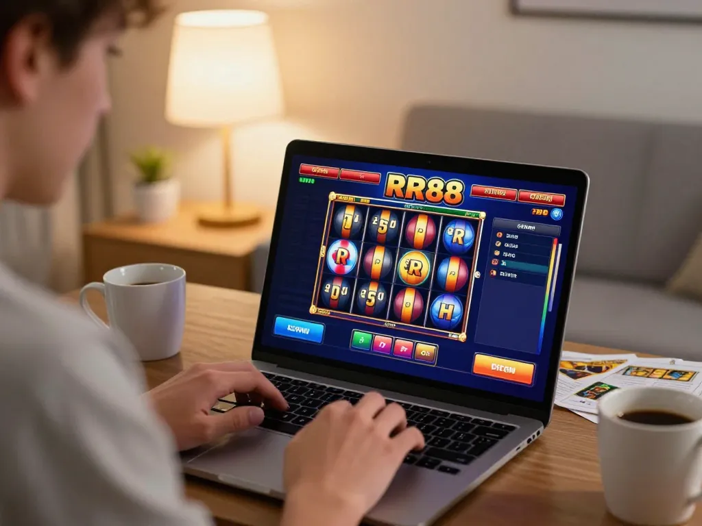 Engaging RR88 online slots gameplay displayed on a laptop, showcasing vibrant graphics.