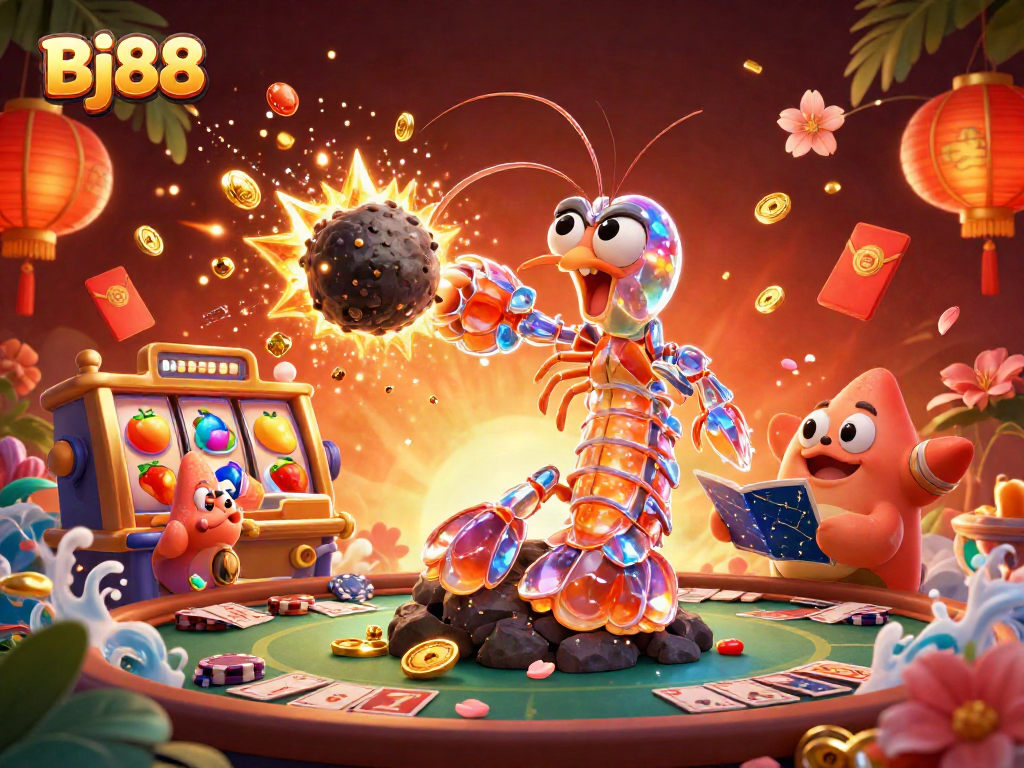 Bj88 engages players with a fun-filled scene of a galactic samurai and a starfish navigating a treasure-filled casino.