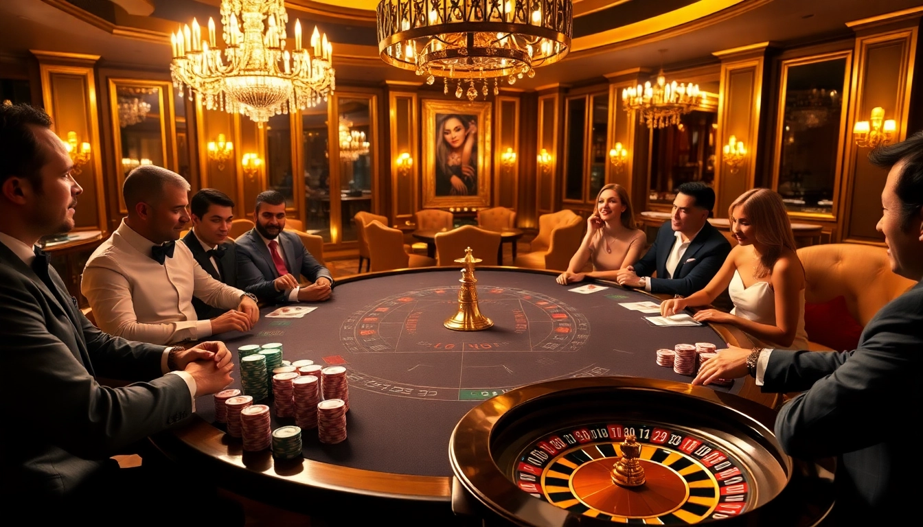 Players engaging in a thrilling MMOO casino game at an elegant gaming table, showcasing high-stakes excitement.