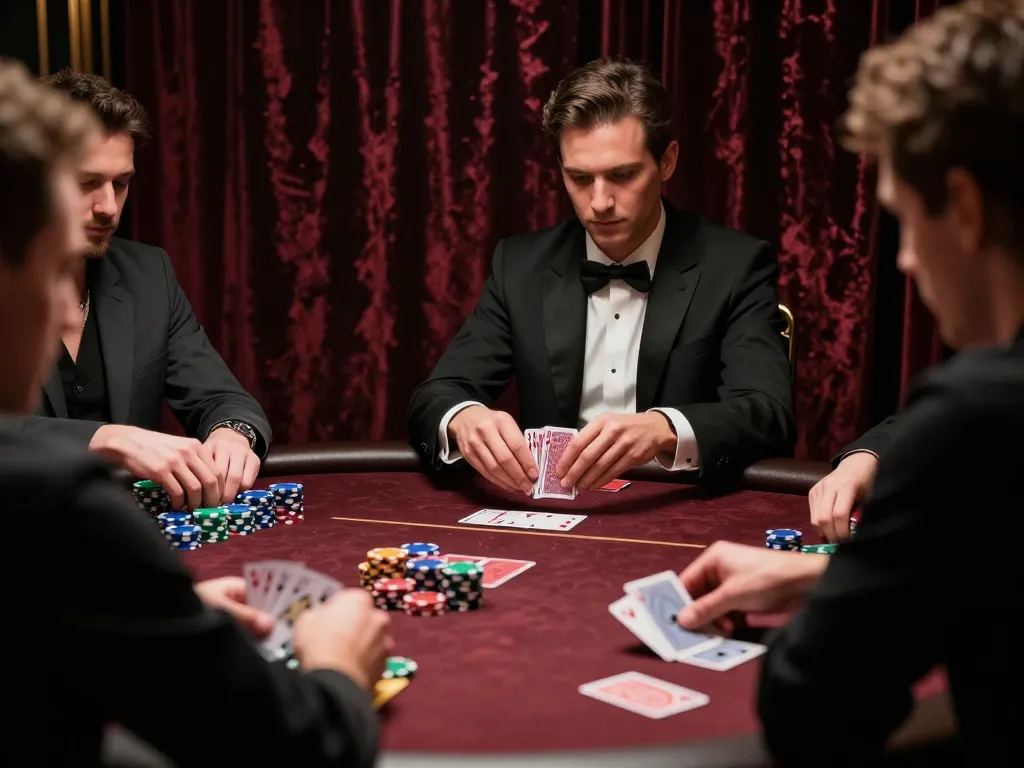O8 players strategizing their bets at an intense poker table in luxury casino