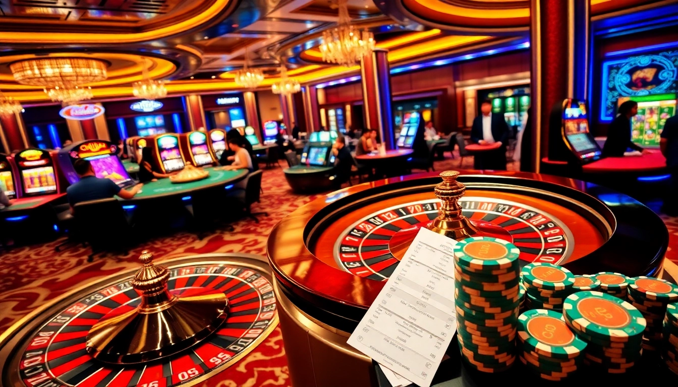 Vibrant casino scene with players enjoying QH88 games and colorful slot machines.
