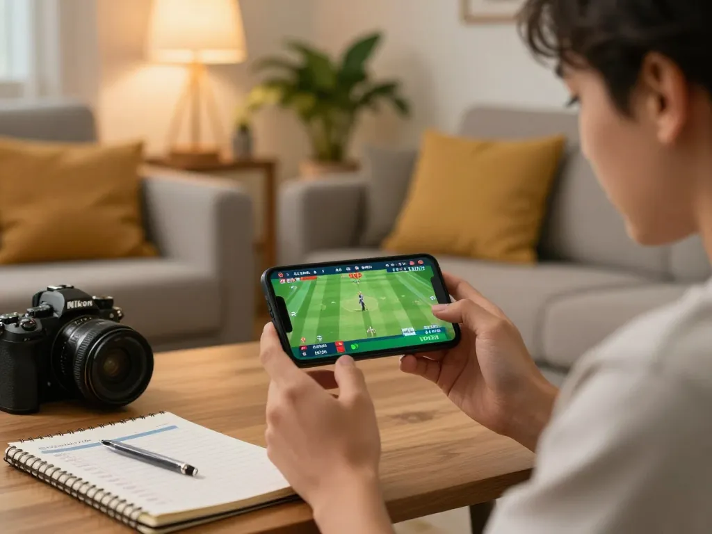 Bet on cricket matches at BK33 using a smartphone, displaying an engaging live betting experience in a cozy setting.