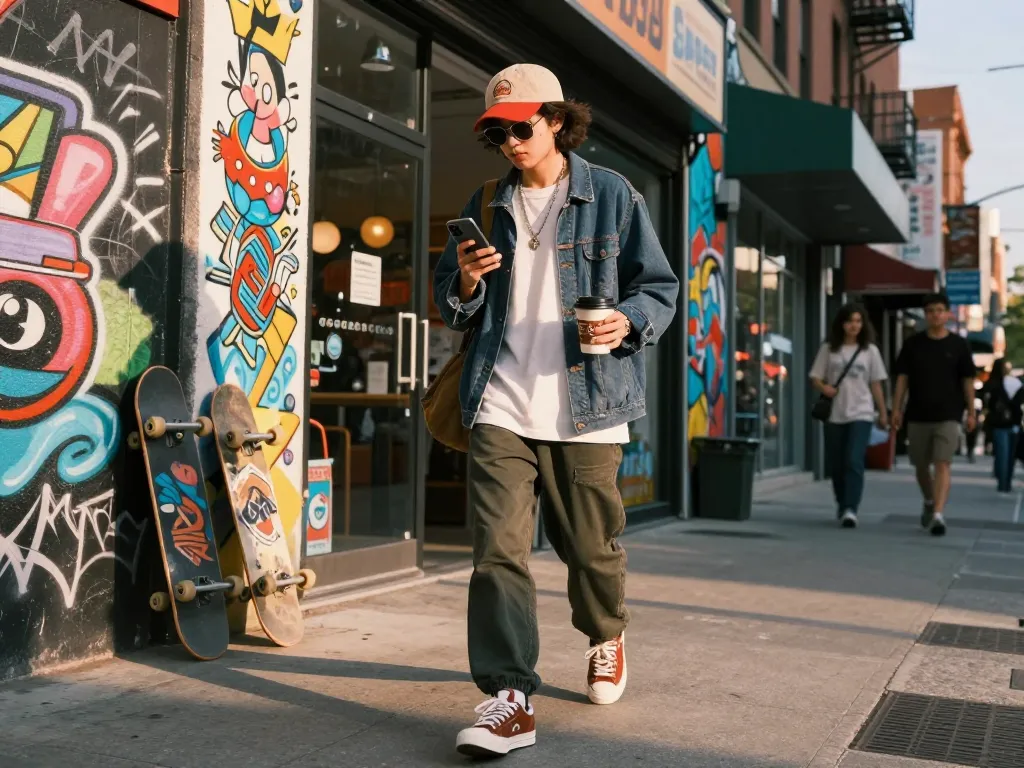 Stylish individual exploring urban fashion trends at 79 KING, holding a smartphone and coffee.