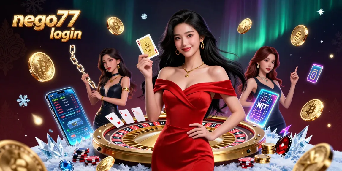 Play for fun and win with NEGO77 login, featuring a stunning woman at a golden roulette wheel.