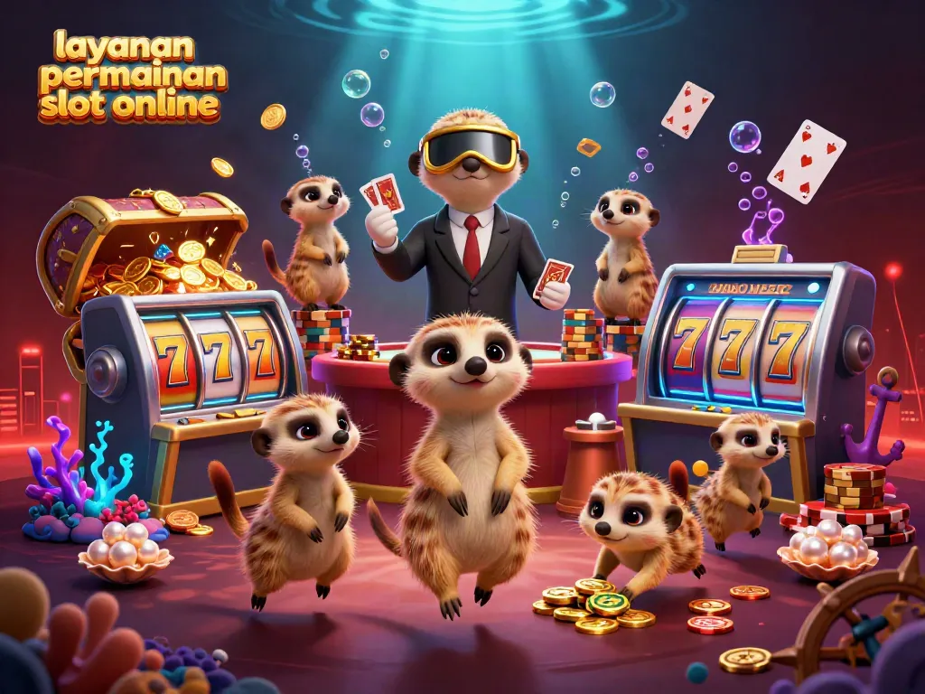 Menyajikan layanan permainan slot online dengan kolonisasi meerkat yang mengelola kasino di bawah laut dengan harta karun dan simbol slot berkilauan.