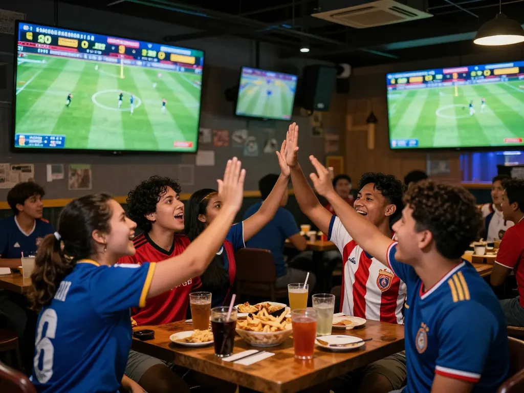 Fans excitedly watch a live football match, eager to xem tỷ số bongdalu and analyze team performance in a vibrant sports bar.