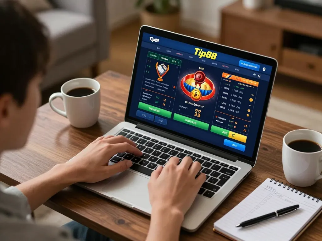 Engage with Tip88 for live dealer excitement, showcasing online gambling engagement at home.