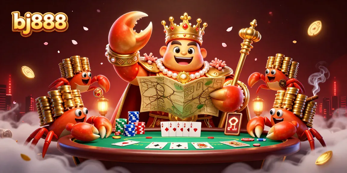 Join bj888 action with vibrant poker elements and a golden crab emperor in a grand casino scene.