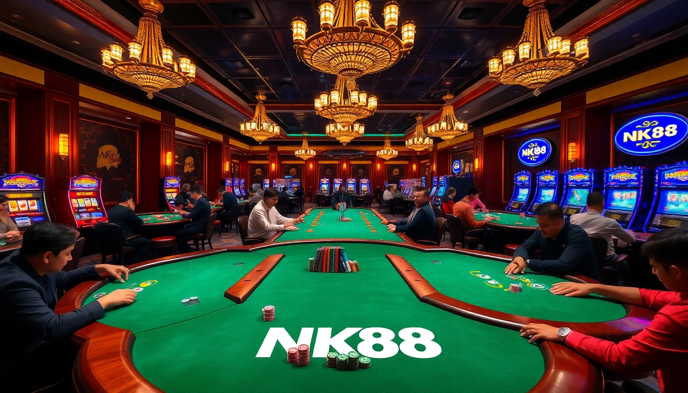 Engaged players enjoying poker at a luxurious NK88 casino table in a vibrant setting.