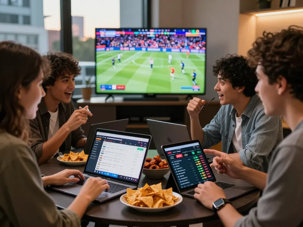 Friends engaged in debet sports betting with laptops and snacks in a vibrant urban setting.