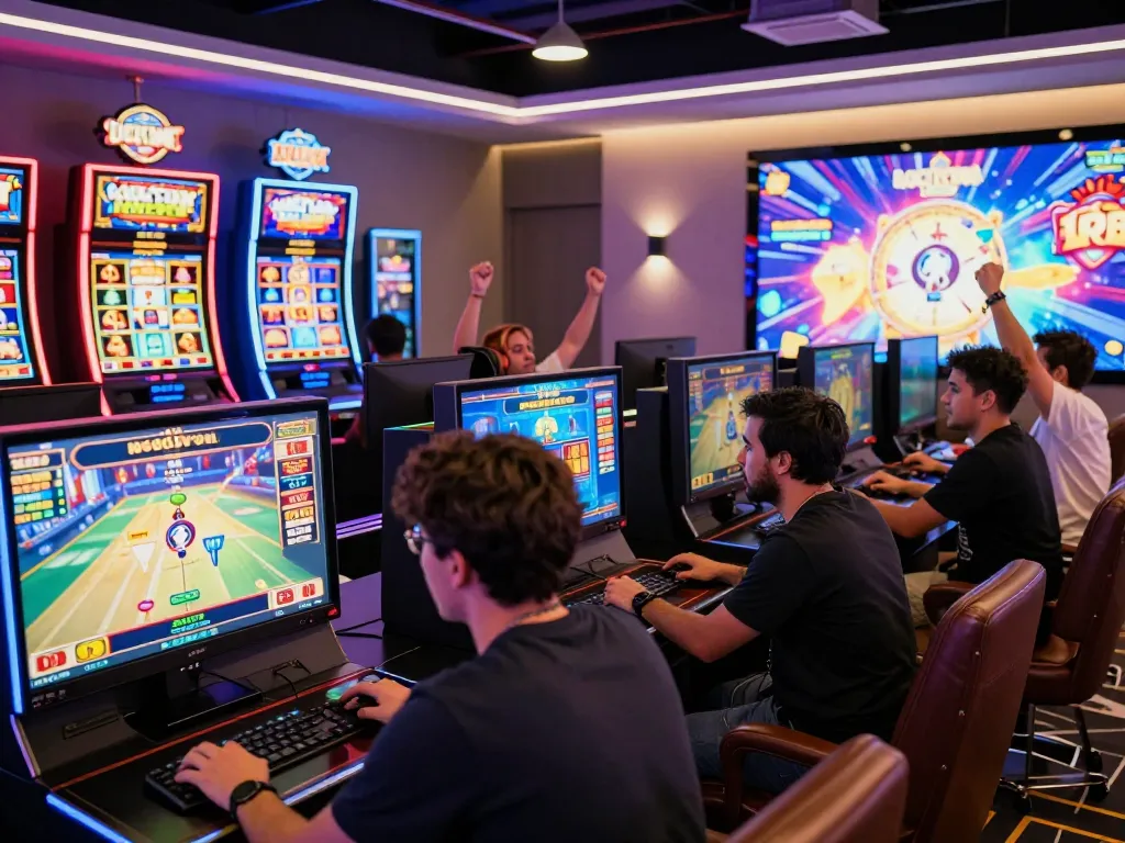 Players celebrating at https://luckywin.free/ gaming room, enjoying vibrant slot games with lively atmosphere.