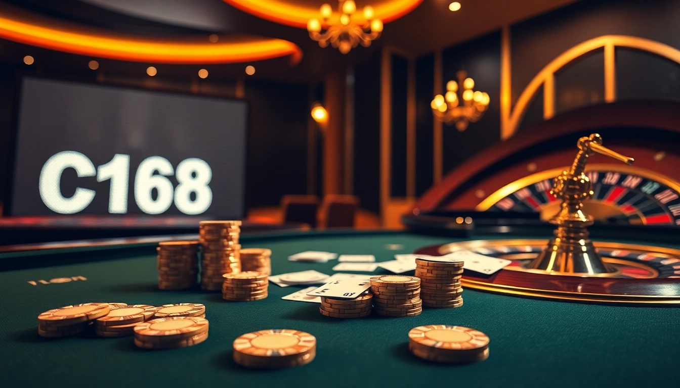 C168 poker chips and cards on a luxurious casino table, embodying excitement and professionalism.