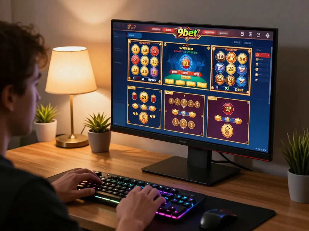 Player enjoying a thrilling session on 9bet casino games at a vibrant gaming setup, showcasing excitement and strategy.
