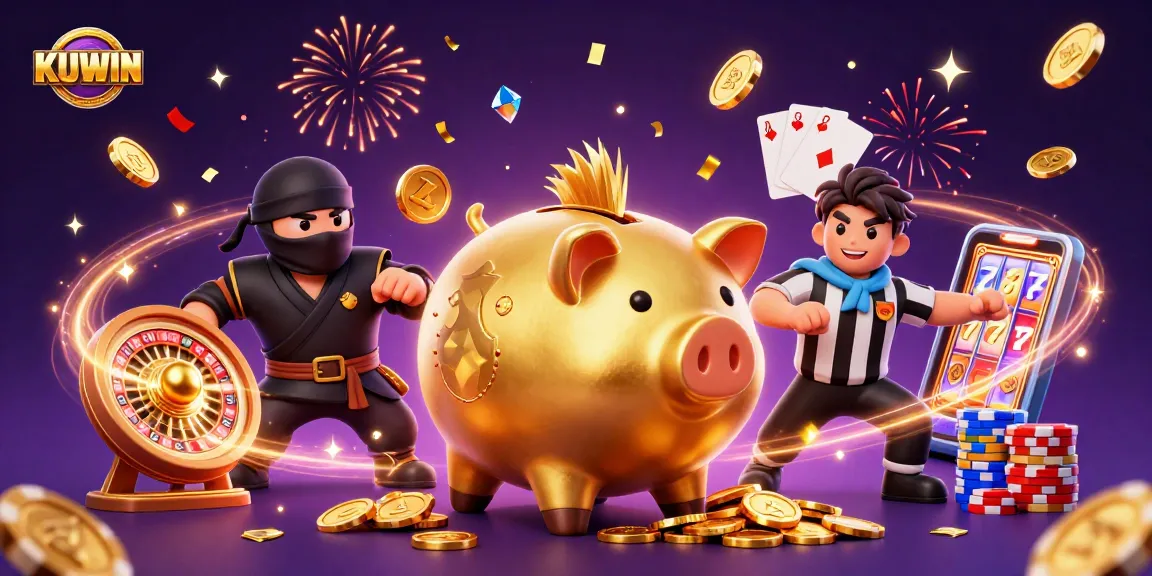 KUWIN brings excitement with a golden piggy bank sumo wrestler surrounded by vibrant casino elements.