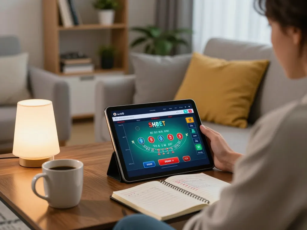 Engaging with SHBET com on a tablet from a cozy home setup, showcasing strategic online gambling.