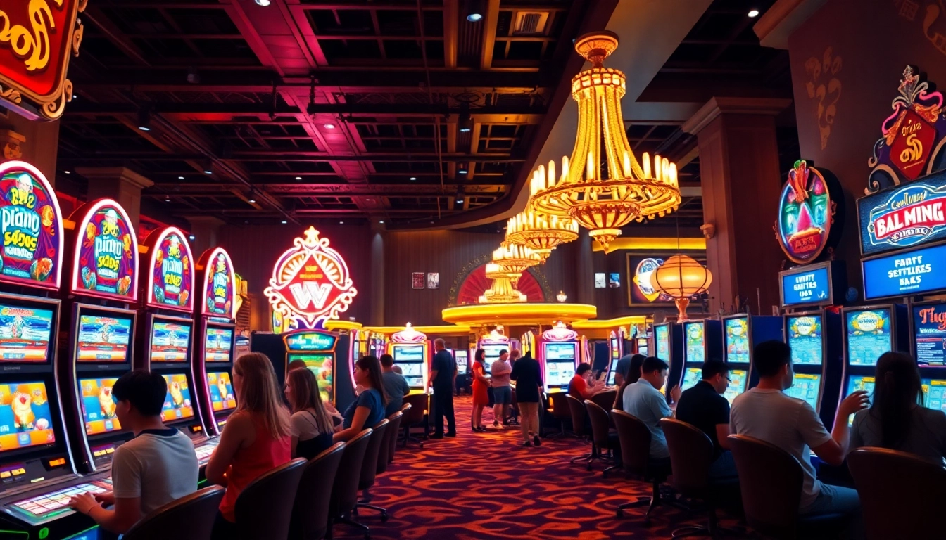 Experience the excitement of AT99娛樂 with vibrant casino gaming scenes showcasing players and slot machines.