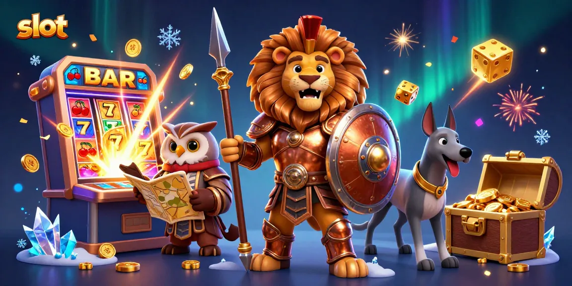 Engage in exciting slot gameplay with a Spartan lion, owl strategist, and a greyhound in this dynamic casino scene.