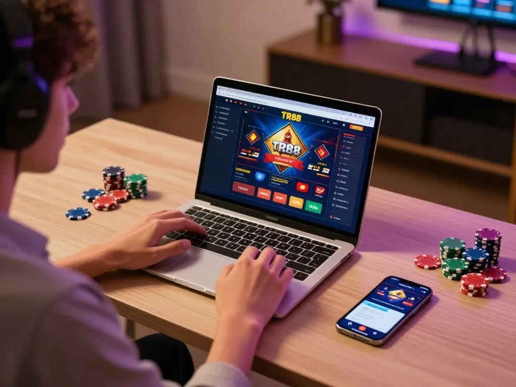 Player engaging with TR88 gaming platform on laptop, showcasing responsible gambling strategy.