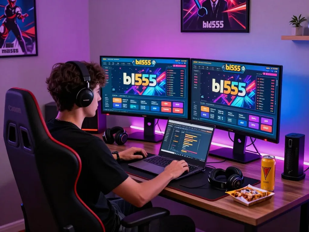 Online betting enthusiast engaging with bl555 platform in a modern home office setup.