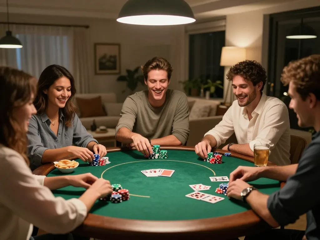 Friends enjoying a poker night at home with Keonhacai5, showcasing vibrant poker chips and cards.