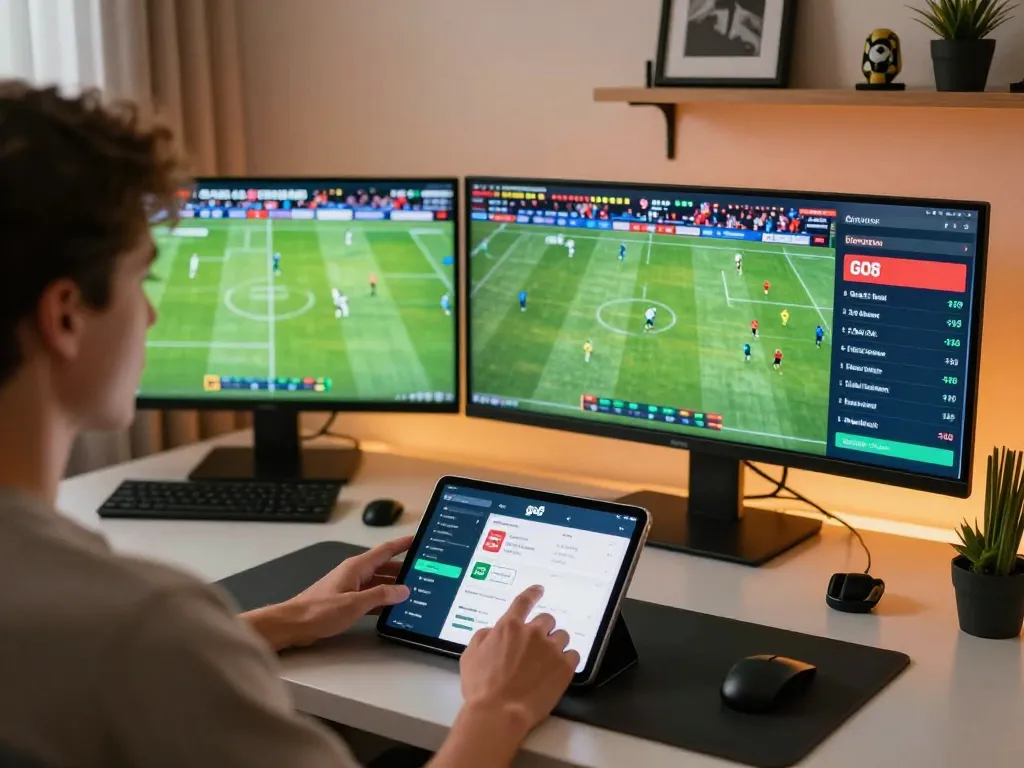 Engaging in go8 sports betting with multiple screens displaying live games and odds.