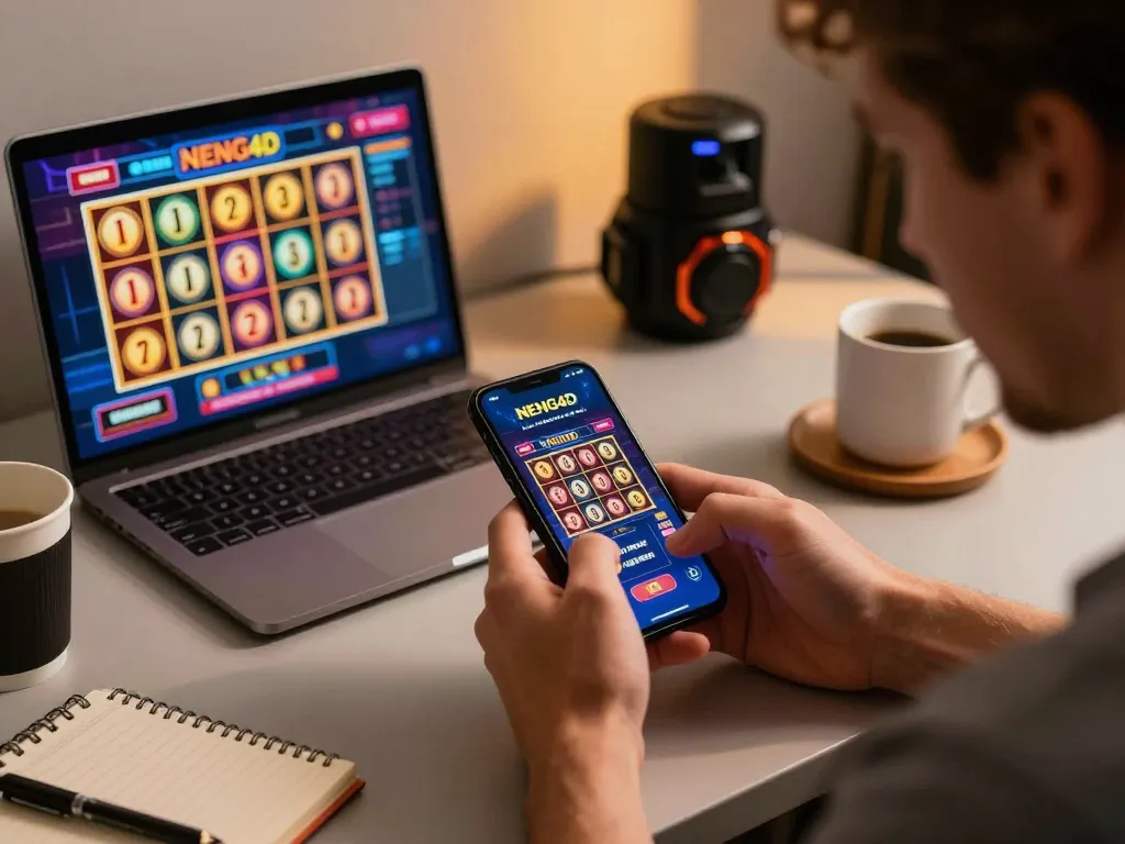 Player enjoying NENG4D online slots on a smartphone, engaging in responsible gaming in a stylish home workspace