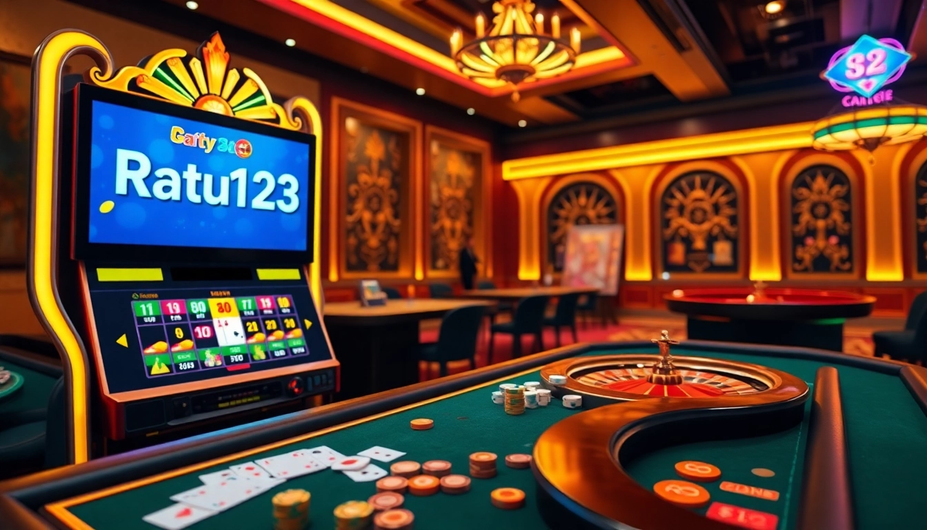 Menikmati momen mendebarkan di Ratu123, menampilkan mesin slot yang cerah serta meja poker.