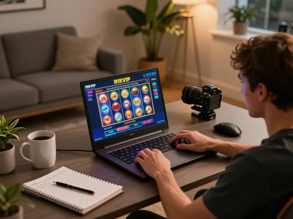 Players enjoy RIKVIP online casino action from a cozy home setup, highlighting engaging gameplay.