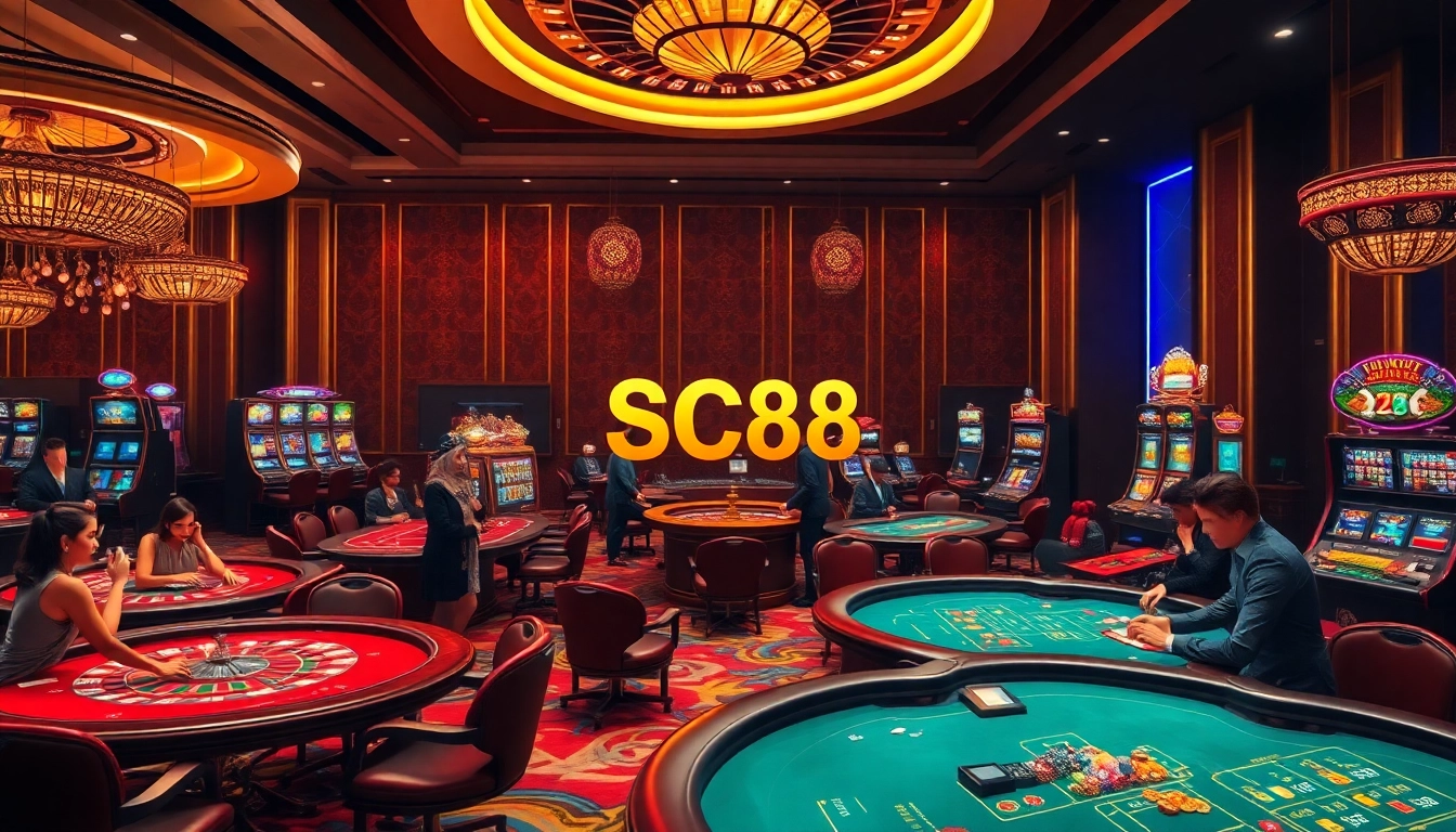 Players enjoying thrilling games at SC88 Casino with vibrant slot machines and a roulette wheel.