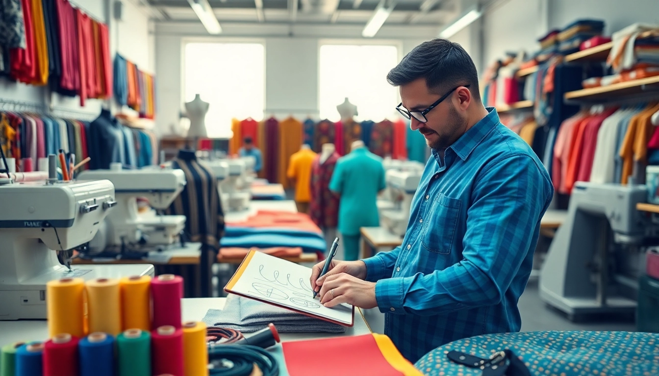 Engaging scene of a custom apparel manufacturer showcasing creativity in a vibrant studio.