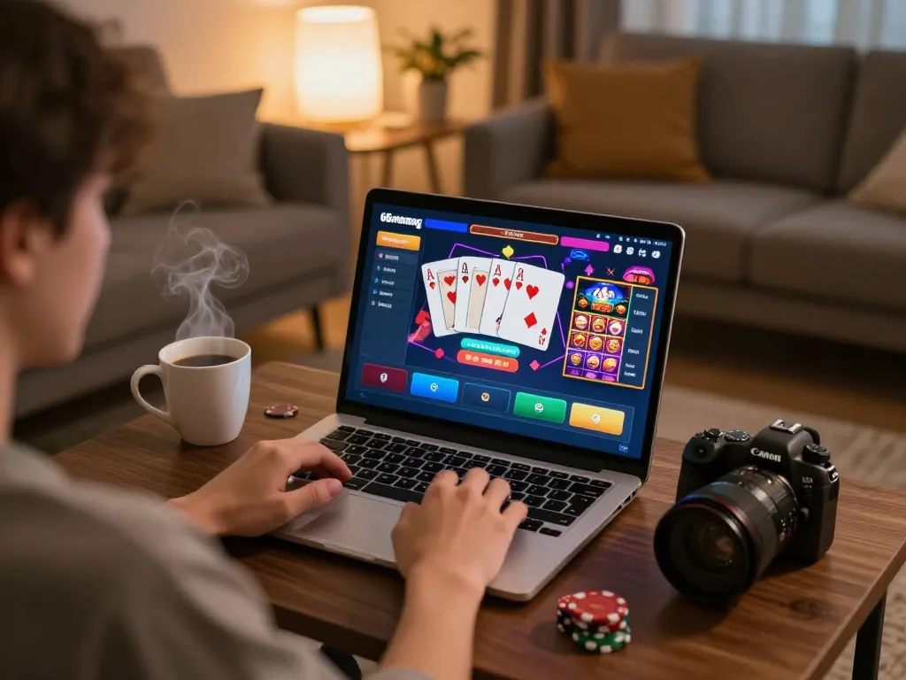 Bergabung dengan 66menang secara online, seorang pemain menikmati berbagai permainan kasino dalam suasana rumah yang nyaman.
