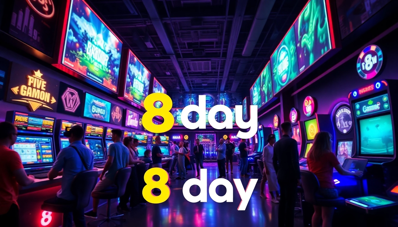 8day vibrant gaming lounge with players enjoying diverse gaming options.