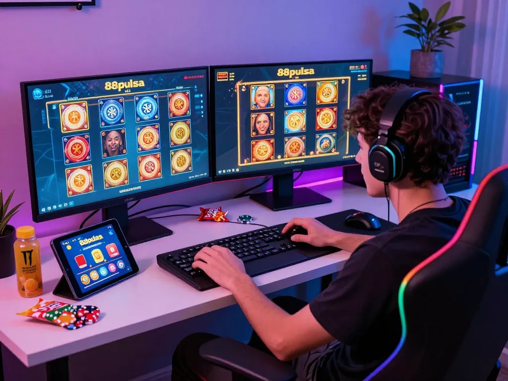 Exciting moment of a player enjoying 88pulsa online games at home with vibrant screens.