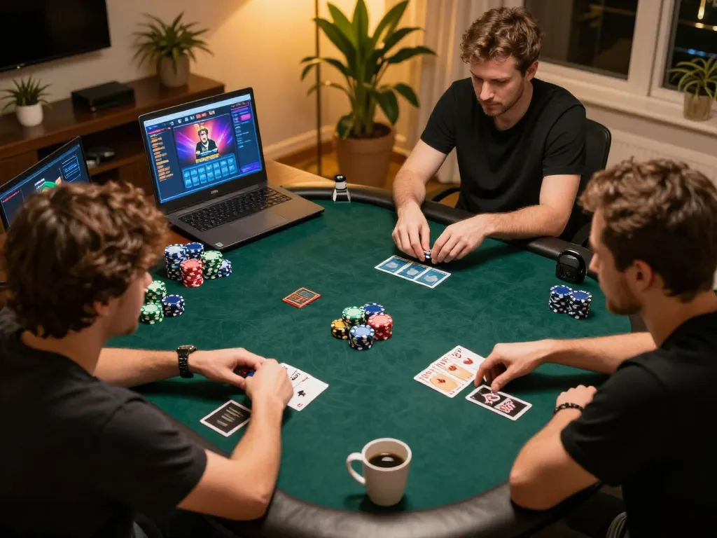 Players engage in strategy during a Tr88 online poker game, showcasing focused gameplay and cozy atmosphere.