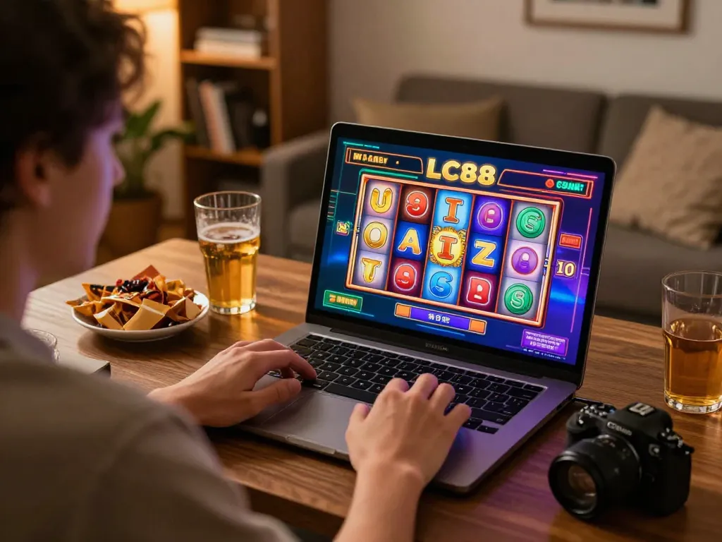 Engaging in online slots gaming on LC88 with vibrant virtual interface and cozy home setup.