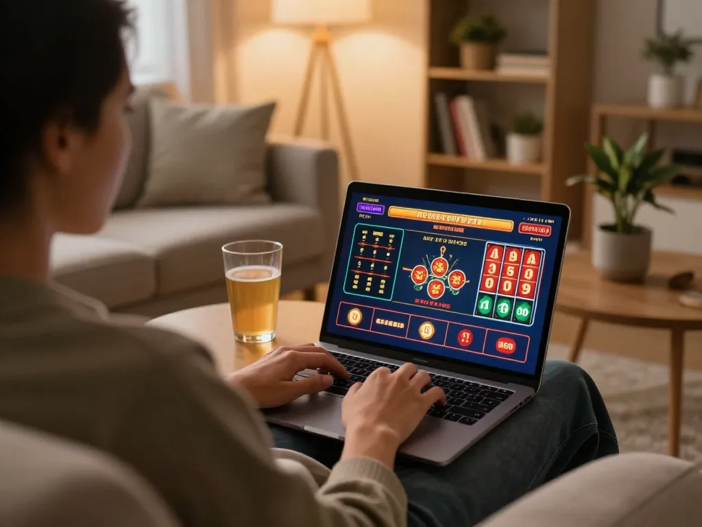 Engaging in online gaming at home with Fabet on the laptop, cozy environment.