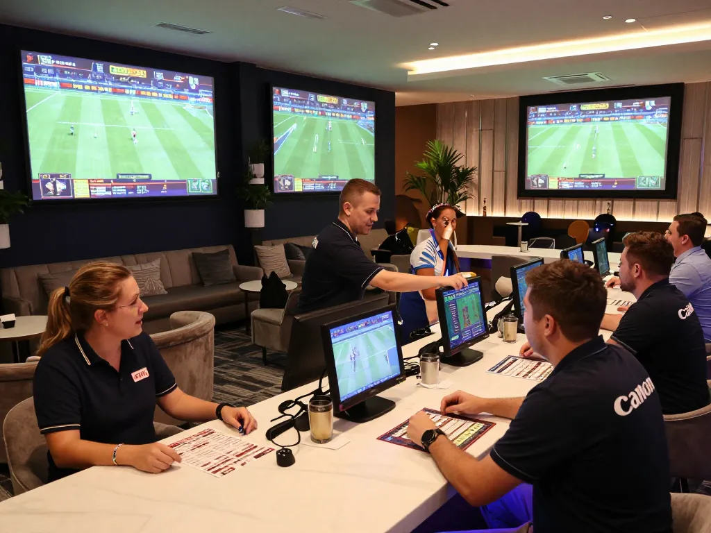 Excited sports bettors engaging with ty le keo nha cai in a modern betting lounge.